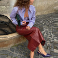 Street Leather Skirts Sets Women High Neck Long Sleeves Zipper High Waist Split Loose Suits Female 2026 Autumn New Chic Set Lady