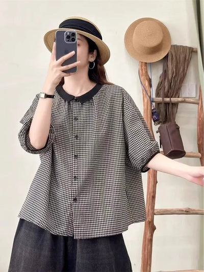 Japanese Sle Cotton Linen Plaid ort Sve irt Women's | SAMAG