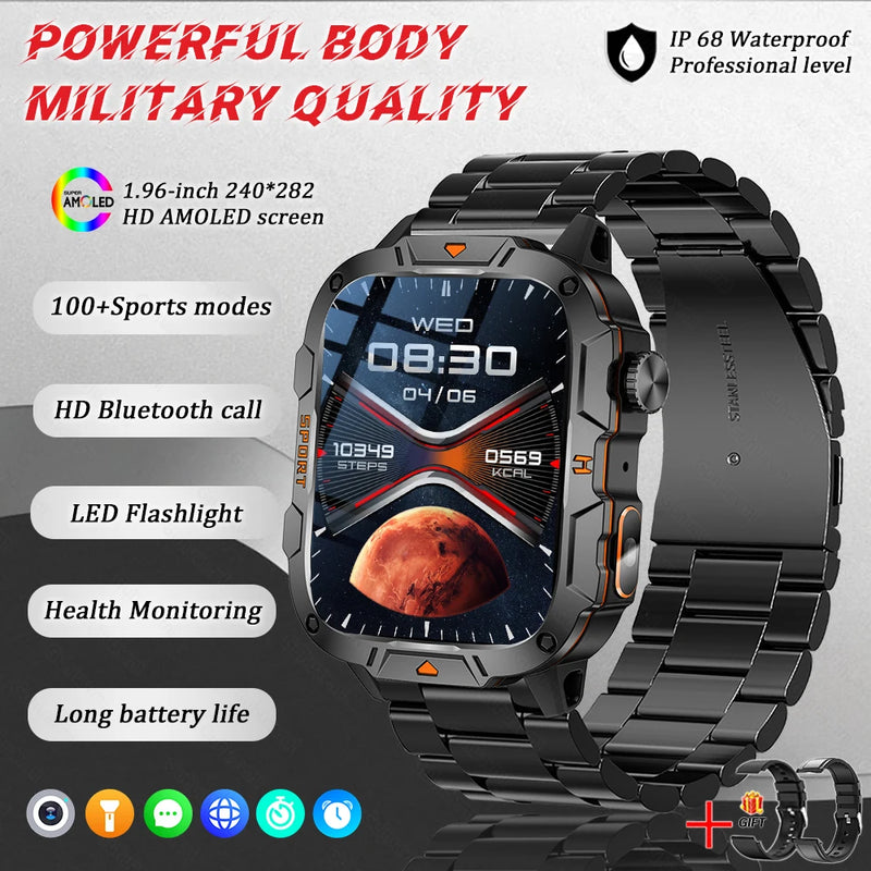 2025 New Military Grade Smart Watch Men 1.96" AMOLED Screen 5ATM Waterproof Simming Sports Fitness Tracker BT Call Smartwatches