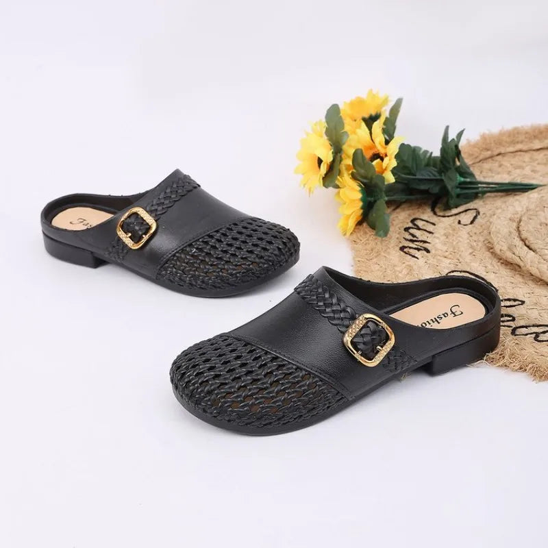 Ladies Hollow Mule Clogs Decorative Square Buckle Low Heel Slides Lightweight PU Non Slip Walking Casual Shoes for All Seasons