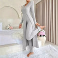 2026 New Fall/Winter Design Round-neck Slit Long-Sleeved Thick Striped Long-Sleeved Two-Piece Set (Extra Large Long-Sleeved Casual Wear)