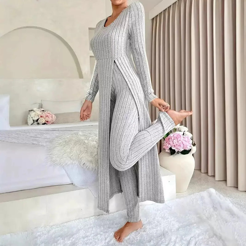 2026 New Fall/Winter Design Round-neck Slit Long-Sleeved Thick Striped Long-Sleeved Two-Piece Set (Extra Large Long-Sleeved Casual Wear)