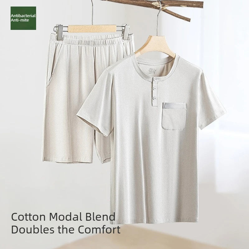 Men's Super Soft Cotton Modal Pajama Set Short Sleeves Antibacterial Sleepwear Home Loungewear Comfortable Breathable Nightwear