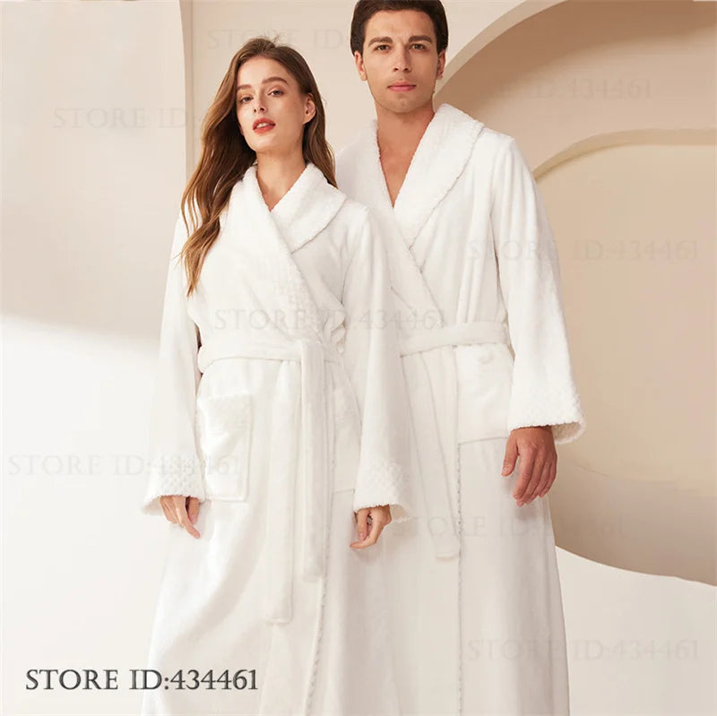 Large Size Flannel Men's Long Robe Kimono Gown Winter Thicken Sleepwear Loungewear Loose Coral Fleece Couple Pajama Home Clothes