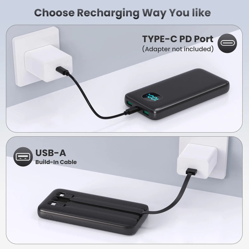 Power Bank Portable Charger with 3 Built-in Cables,Ultra Slim 10000mAh PD 3.0A USB-C Battery Pack,LCD Display 5 Outputs Travel Essentials Powerbank for iPhone 16/15/14/13/12 Series,Samsung,Android etc