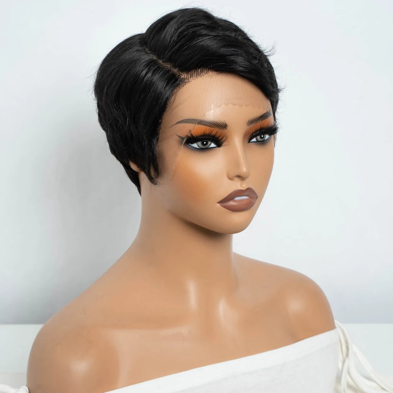 Lekker Black Short Pixie Cut 13X1 C Part Lace Front 100% Human Hair Wigs For Women Glueless Brazilian Remy Hair Straight Wigs