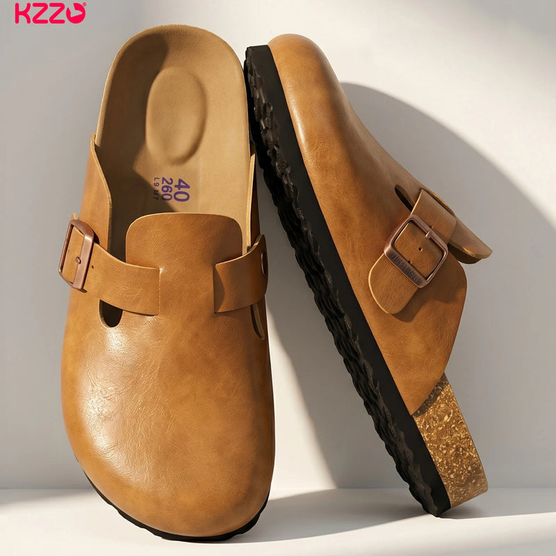 KZZO Waterproof Genuine Leather Mules for Women Non Slip Clog Shoes Outdoor Home Comfort Slip On Flat Adjustable Strap White