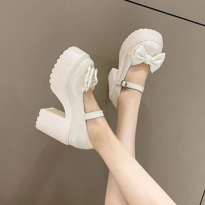 White Round Toe Platform High Heels Women Mary Jane Shoes Retro Bows Elegant Chunky Heel Women's Wedding Shoes
