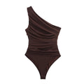 Summer Asymmetric Sleeveless Pleated Silk Mesh Bodysuit Women Single Shoulder Slim Fit Jumpsuit Female Beach Holidays Wear 2026