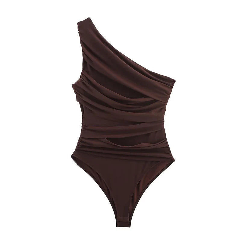 Summer Asymmetric Sleeveless Pleated Silk Mesh Bodysuit Women Single Shoulder Slim Fit Jumpsuit Female Beach Holidays Wear 2026