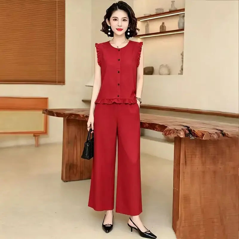 Women 2 Piece Outfit Sleeveless Printed Top And Wide Leg Pants Summer Casual Mom Wear For Middle Aged