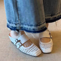 Women Woven Mules Hollow Out Leather Clogs Double Strap Buckle Wedge Slippers Vintage Closed Toe Summer Mid Heel Sandals Shoes