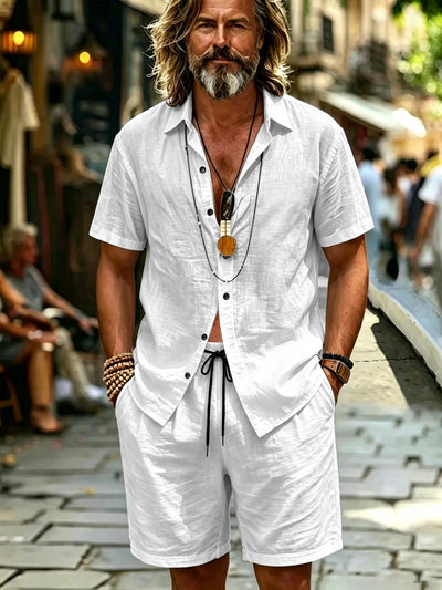 Men's Island Vacation Textured Shirt & Shorts Set, Lapel | SAMAG