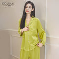 BirdTree, 19MM 100%Real Silk Pajamas Set, Women Long Sleeve Solid, Sexy Casual Long Pants Homewear, 2024 Summer Autumn S48086QC
