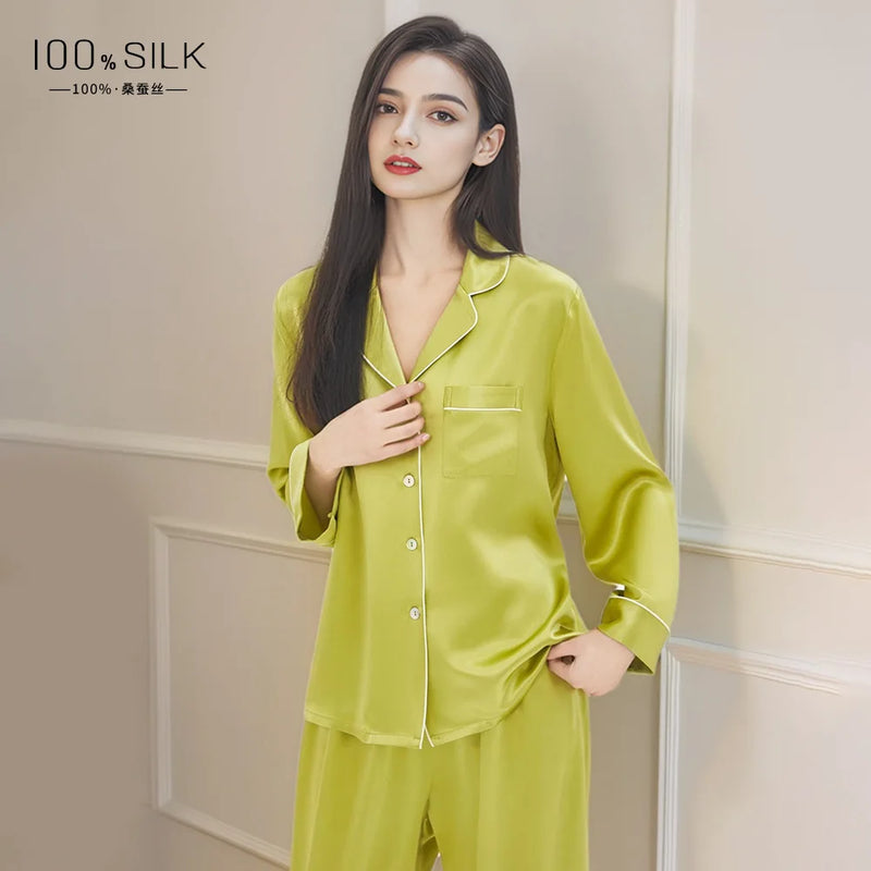 BirdTree, 19MM 100%Real Silk Pajamas Set, Women Long Sleeve Solid, Sexy Casual Long Pants Homewear, 2024 Summer Autumn S48086QC
