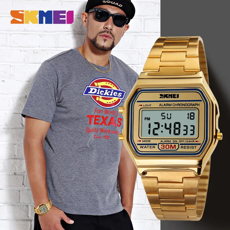SKMEI 1123 Fashion Men Stainless Steel Strap LED Display Watches 3Bar Waterproof Digital Watch reloj hombre for Casual Sport