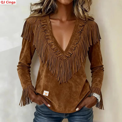 Women's Dark Brown Long - sleeve V - Collared Shirts, Made | SAMAG