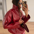 Street Leather Skirts Sets Women High Neck Long Sleeves Zipper High Waist Split Loose Suits Female 2026 Autumn New Chic Set Lady