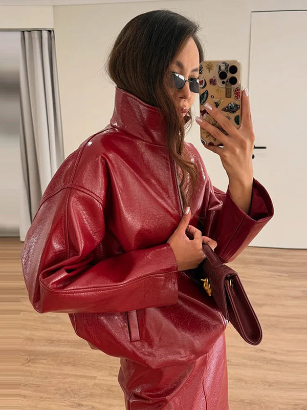 Street Leather Skirts Sets Women High Neck Long Sleeves Zipper High Waist Split Loose Suits Female 2026 Autumn New Chic Set Lady