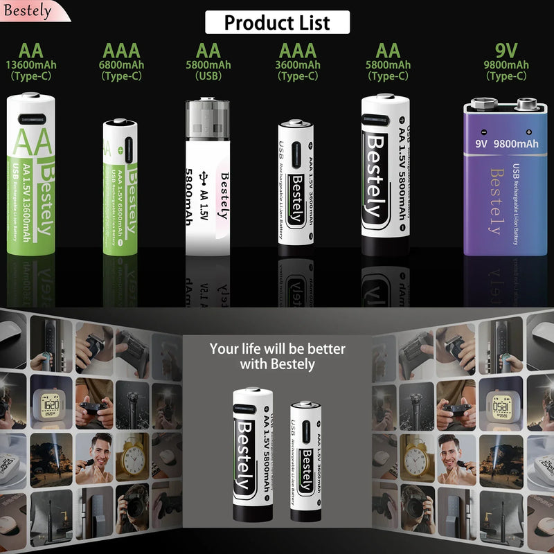 AA AAA Battery 1.5V 5800mAh and 3600mAh Lithium Rechargeable Batteries Fast Charging Li-ion Battery 2000 Cycles Type-C Cable