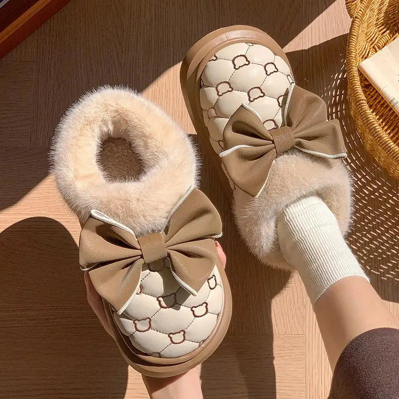 Platform Ankle Boots Female Bowknot Luxury Designer Indoor Fluffy Women's Slippers Trend Winter Snow Booties Flat Plush Footwear