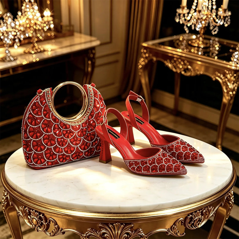 New Italian Pumps and Bag To Party 2026 INS Style Pointed Metalldekoration Rhinestone Elegant Gold Color High Heels for Women