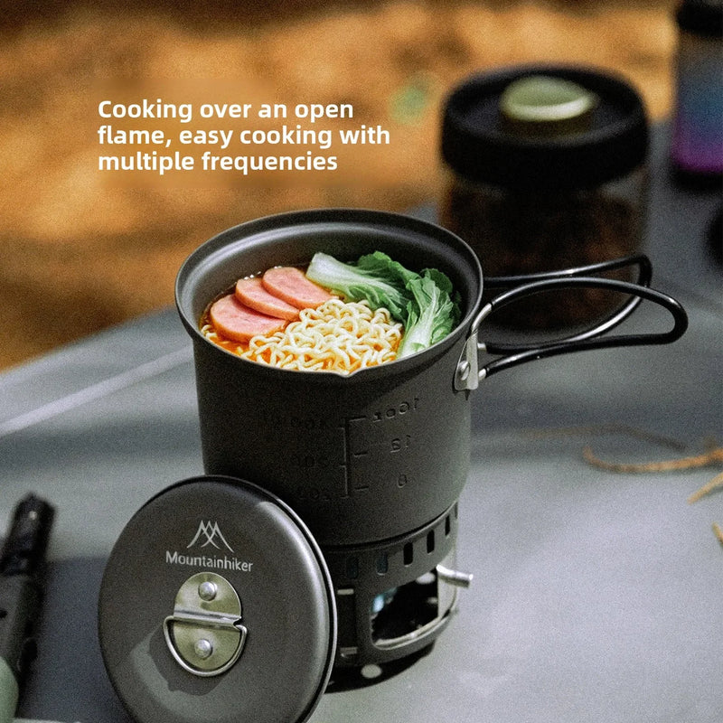 MOUNTAINHIKER Ultralight Portable Alcohol Stove Set with Pot, Camping Cookware Set, Windproof Integrated Cooking Kit for Hiking