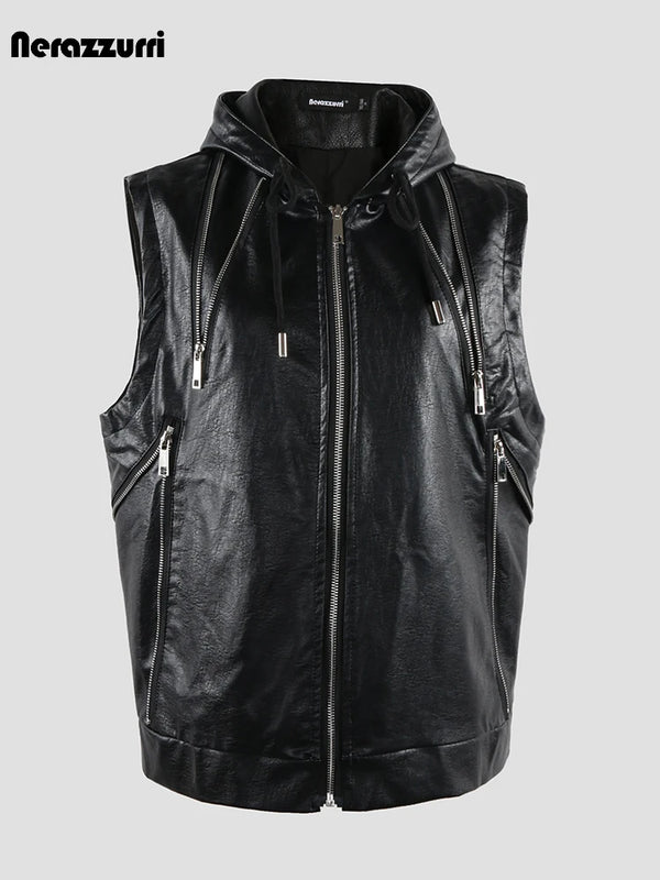 Nerazzurri Summer Autumn Short Black Blue Pu Leather Vest Men with Hood Zipper Luxury Designer Sleeveless Jacket Unisex Clothes