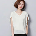 Women Chiffon Short Sleeve Shirt Sexy V-neck Loose Ruffled Chiffon Blouse.