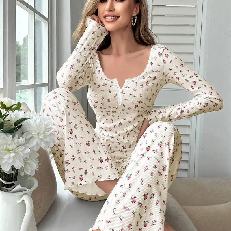 Women Autumn Winter Sleepwear Floral Print Lettuce Trim | SAMAG