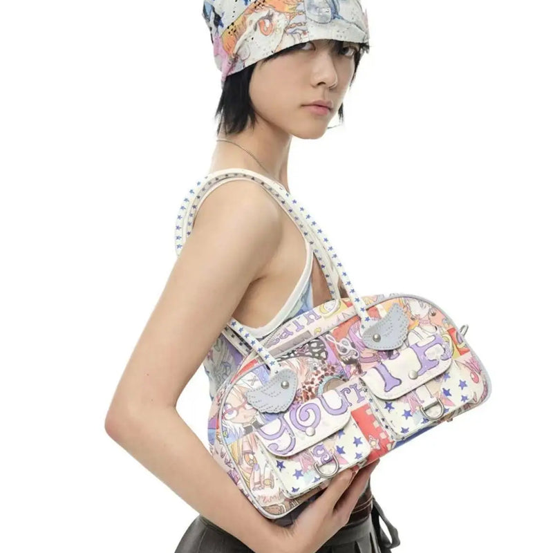Kawaii Y2K Graffiti Handbag for Women Cute Star Strap Boston Bag Retro Manga Shoulder Bag Vintage Aesthetic Small Underarm Bag