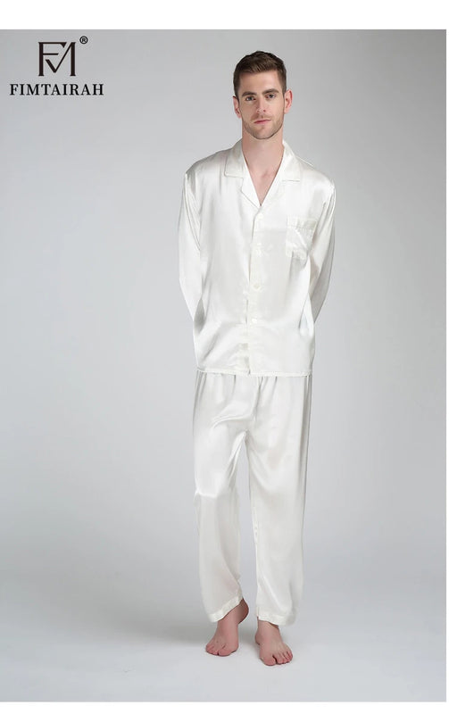 Fimtariah 30MM 100% Silk Pajamas Long Sleeve Pants Set Men's Summer Soft Shirt Pants Sets Two PIeces Autumn Winter Silk home