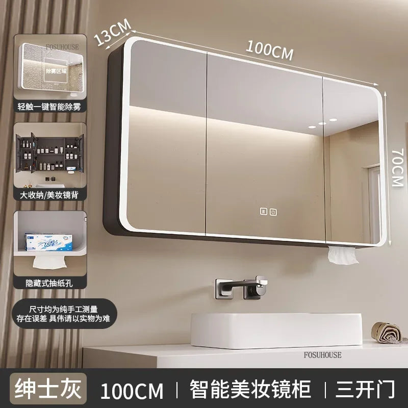 Minimalist Modern Arc-shaped Smart Bathroom Mirror Cabinets Home Furniture Wall-mounted Bathroom Mirror Cabinet with Lighting b