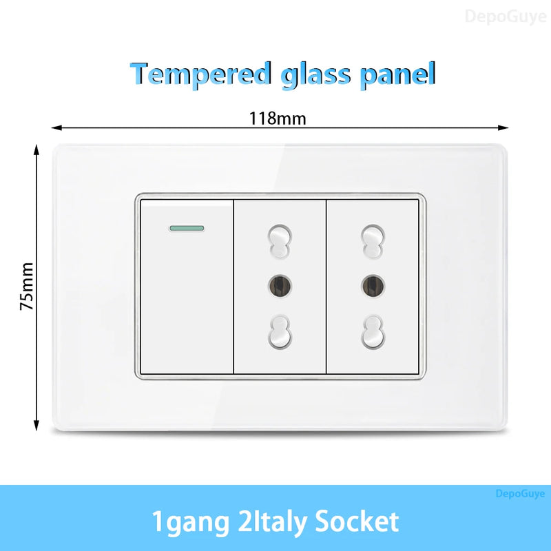 White Tempered Glass Italy USB Type C Smart Fast Charging Wall Socket Plugs Schuko Light Switch Panel Chile TV Sat Computer CAT6