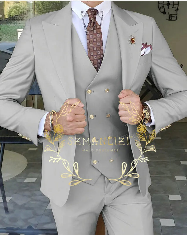 Beige Business Suits For Men Tuxedos Gold Buttons Groom Groomsman Prom Wedding Party Formal 3 Pieces Sets - View 7 | SAMAG