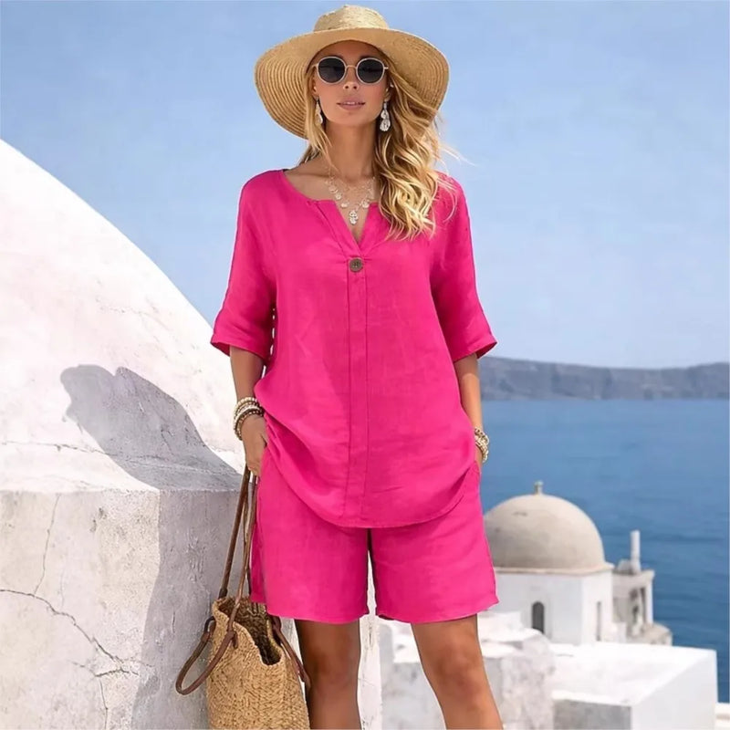 Summer Cotton Linen Casual Short-sleeved Tops Women's Suit New Fashion Female Beach Vacation 5 Point Straight Shorts 2piece Set