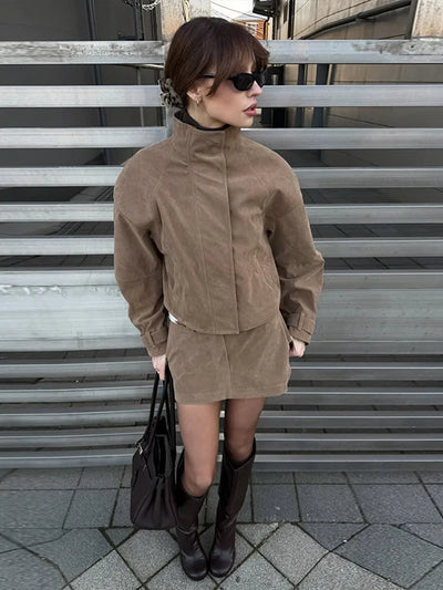 Women Faux Suede Two Piece Set Stand Collar Covered | SAMAG