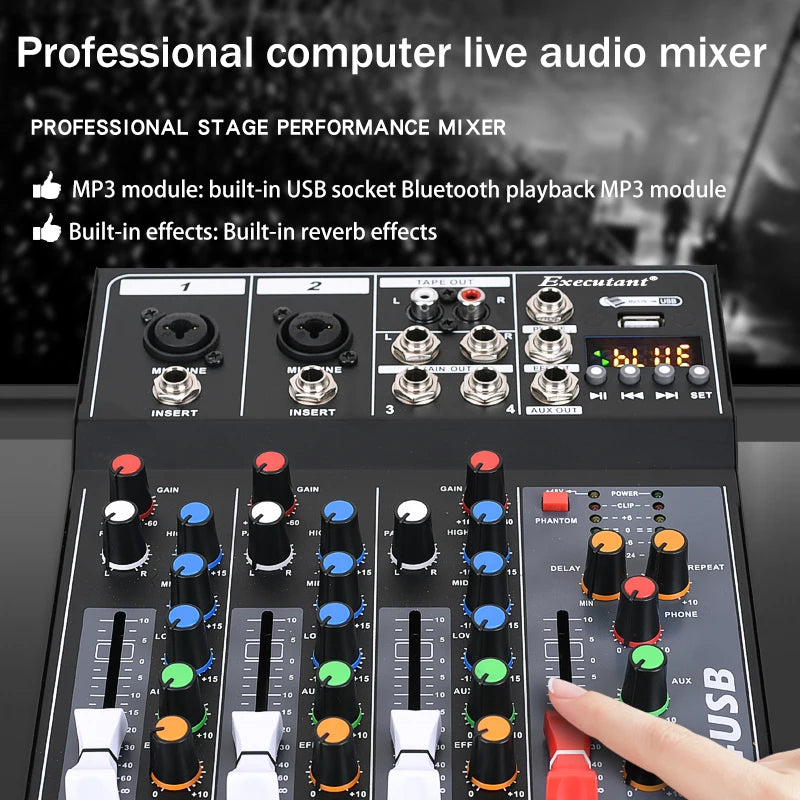 Professional 4-Channel Built-in Bluetooth Reverb Effect Stage Performance Home Mini Sound Mixer Controller