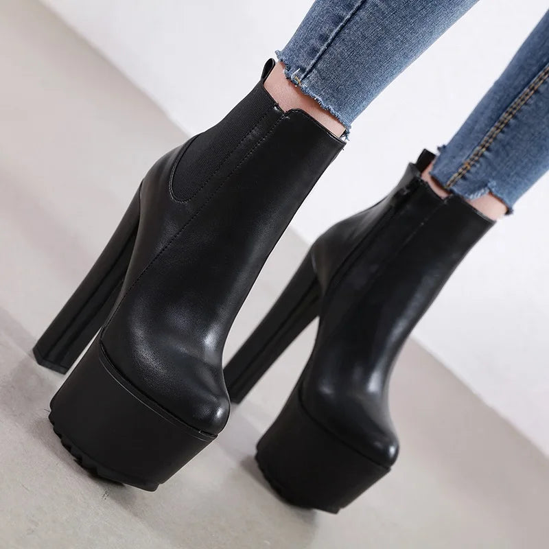 New Autumn Winter Platform High Heels Women Ankle Boots Black PU Leather Round Toe Fashion Female Thick heel Shoes Large size