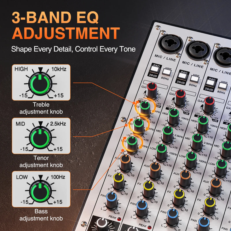 6-Channel Audio Mixer, DJ Mixer with USB Audio Interface, Bluetooth Function, 16 DSP Effects, and 3-Band EQ (ARMX-6)