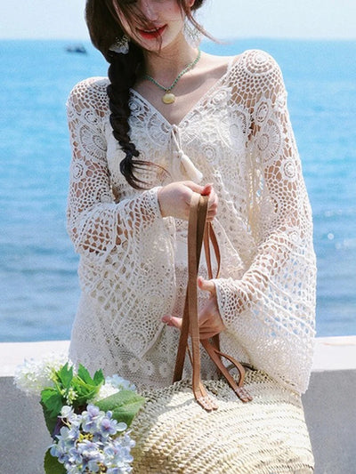 Boho Crochet Cardigan Women Flare Sleeve Tie Front Floral | SAMAG