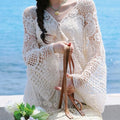Boho Crochet Cardigan Women Flare Sleeve Tie Front Floral Open-knit Blouse Cardi Beach Bikini Cover Up Bolero Vacation Outfit