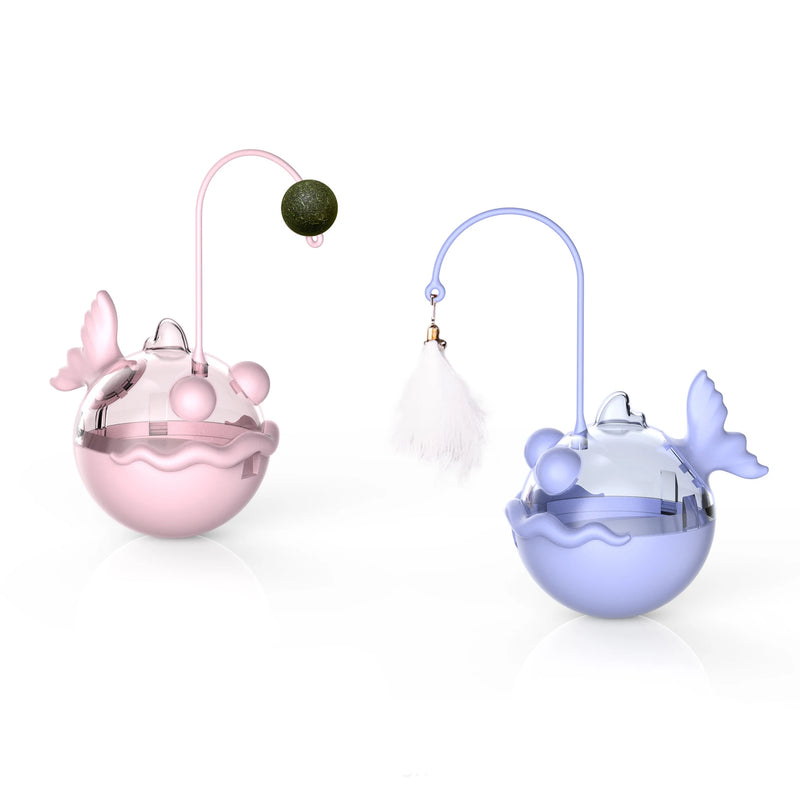 Tumbler Food-Dispensing Cat Toy - Anglerfish Design Feather Bell Catnip Ball, Teeth-Cleaning Licking Self-Play Pet Supplies