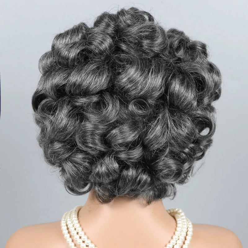 210% Short Salt And Pepper Grey Wigs Human Hair For Black Women Glueless Grey Human Hair Wig Rose Curly Pixie Cut Wig Human Hair