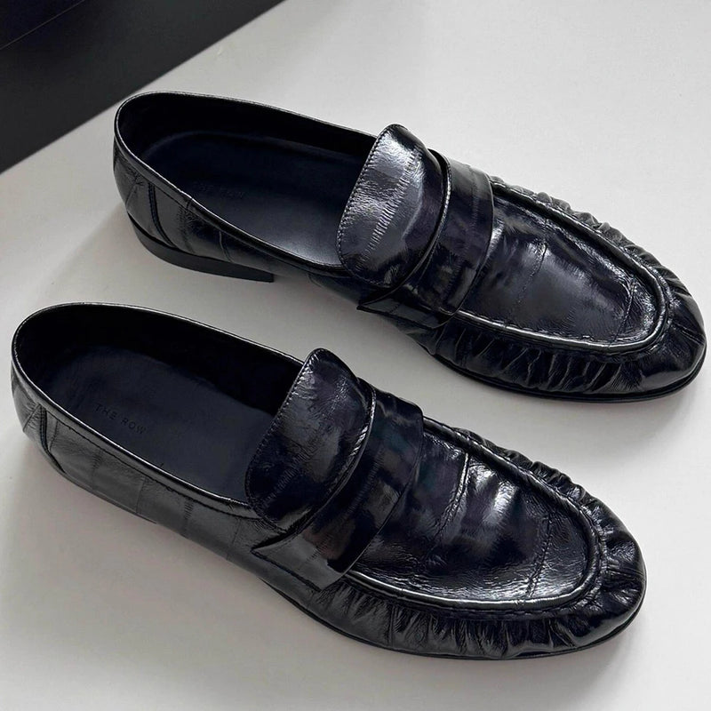 Men's Black Sin Ruched Loafers Soft Leather Soft Sole Slip On Single Shoes Casual Shoes Trendy Luxury Handmade Men's Shoes ﻿