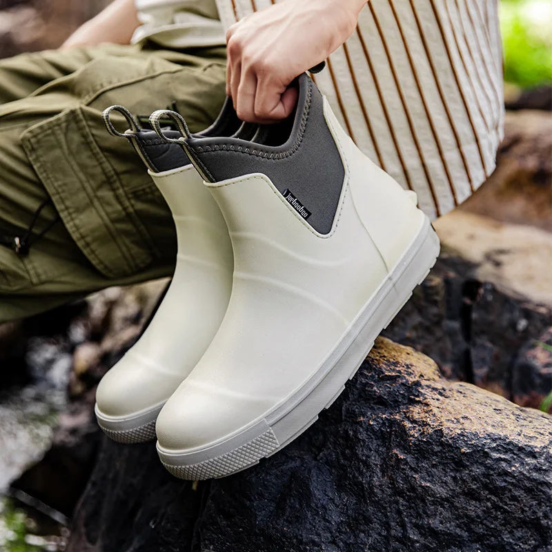 Men Rain Boots Non-slip Water Shoes Outdoor Waterproof Fishing Boots Slip on Men Rubber Boots PVC Material Round Toe Rain Shoes