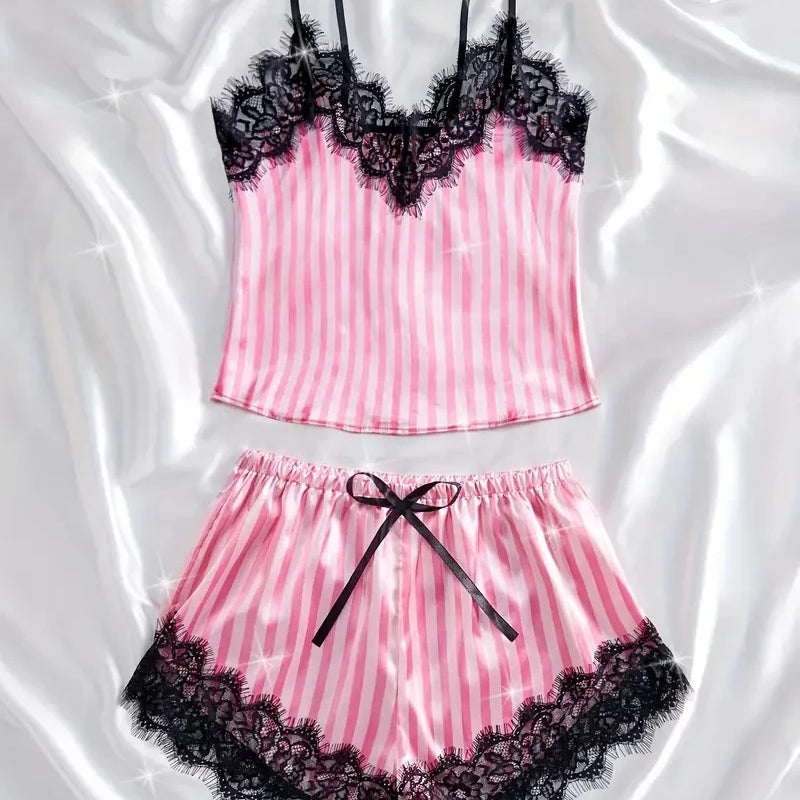 Summer Silk Satin Women's V-Neck Sexy Lace Suspender Pajama Shorts Set Stripes Heart Casual Women's Sleeveless Sexy Pajama Set