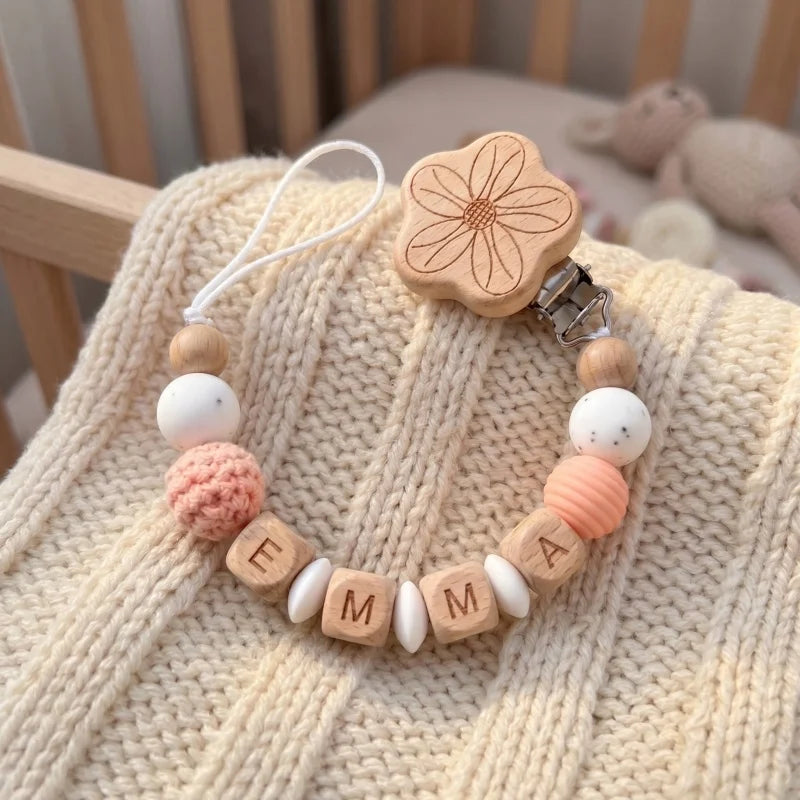 Personalized Name Pacifier Clip Silicone Wooden Dinosaur Baby Teether Holder BPA Free Custom Soother Chain Handmade Dummy Clip