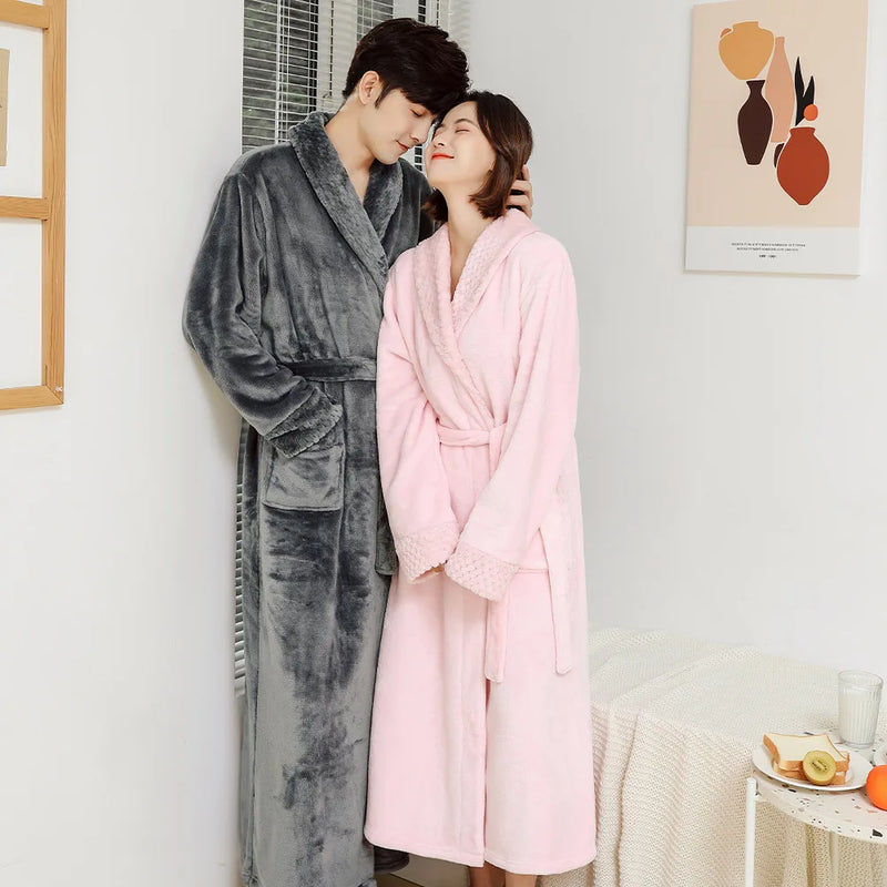 Couple Flannel Robe Winter Thick Warm Bathrobe Long Fleece Sleepwear Loungewear for Men and Women