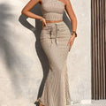 Ladies Casual Stripe Shoulder Pleated Short Top And Pleated Mermaid Skirt Two-Piece Set